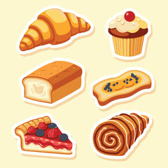 Vector Stickers of Croissant, Muffin, Bread, Pie and Toast ? Flat Bakery Food Icons (2).eps