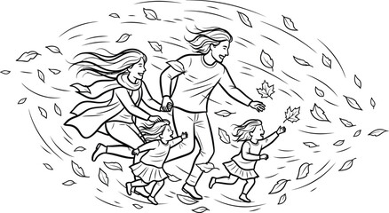 Family fun in autumn leaves coloring page for kids and adults vector illustration