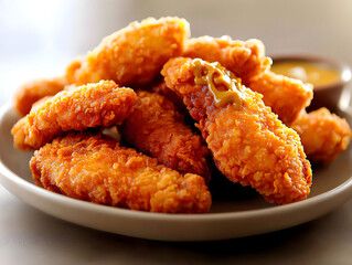 Crispy chicken tenders piled high on a plate, drizzled with mustard sauce.  Close-up view of the golden-brown, breaded pieces
