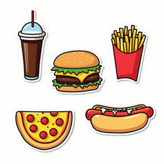 Vector Stickers of Burger, Fries, Pizza, Hot Dog and Soda ? Flat Cartoon Fast Food Icons (1).eps