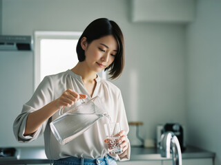 キッチンで水を注ぐ女性