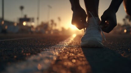Close Up Of Runner Tying Shoe On Asphalt Road At Sunset With Golden Light