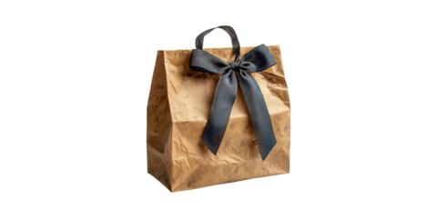 Elegant Brown Paper Gift Bag With Black Ribbon Bow. Perfect For Special Occasions And Celebrations Isolated On Transparent Background