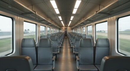 Interior view of a modern passenger train car, empty with grey seats and a blurred landscape visible