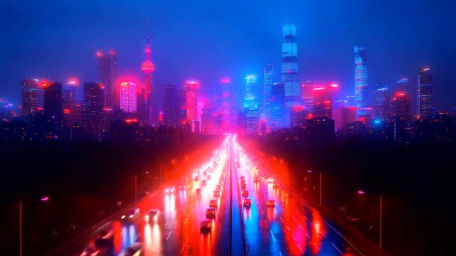 Cyberpunk Cityscape: Nighttime Traffic Flow in a Futuristic Urban Environment