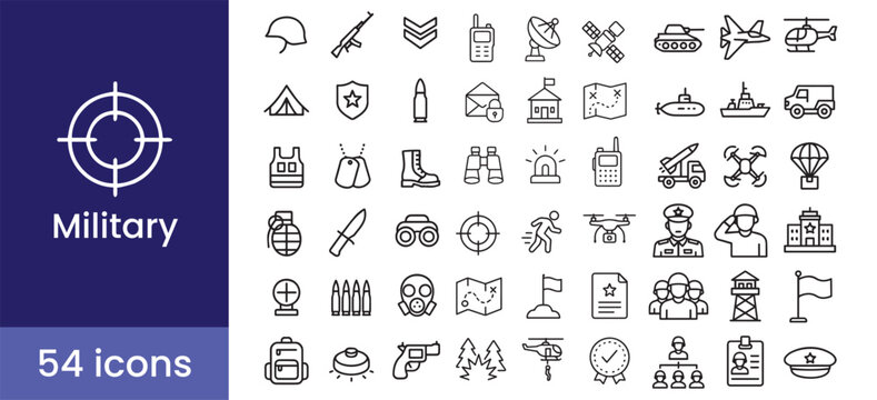 Military and army icon set with 54 line illustrations including war, weapon, soldier, combat, defense, force, tactical, and veteran symbols for armed forces