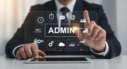 admin dashboard management, businessman using futuristic digital interface to access cloud system tools data analytics support network and organizational control features

