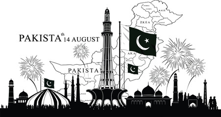 Fototapeta premium Festive Pakistan Independence Day Celebration Featuring Landmarks, Flags, Fireworks on white background