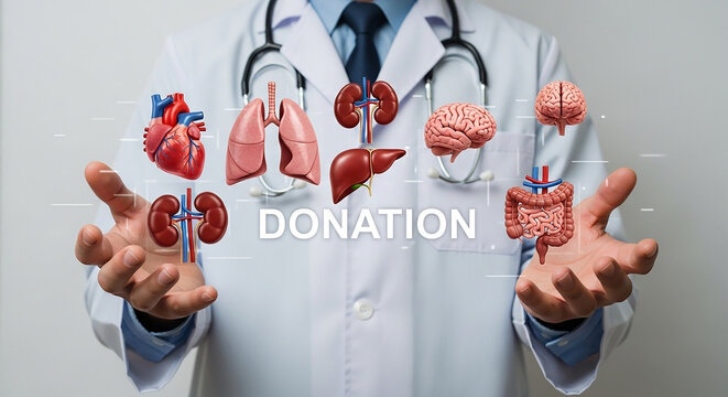 organ donation awareness, doctor holding hologram of human heart lungs liver kidney brain intestine with medical anatomy symbols promoting healthcare transplant and saving lives

 - Powered by Adobe