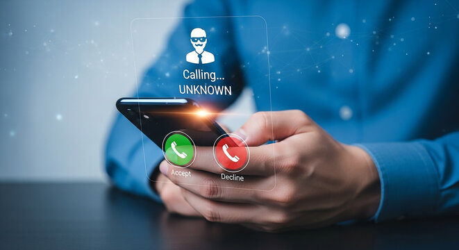 spam call alert smartphone, man receiving unknown caller ID notification on mobile screen with reject and accept options modern concept for digital fraud and phone scam warning

