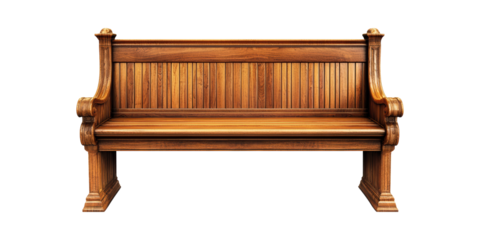 Antique Wooden Church Pew Bench. Traditional Religious Seating Furniture Isolated On Transparent Background