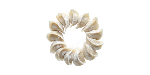 Circle Of Raw Dumplings With Flour. Culinary Preparation And Asian Cuisine Isolated On Transparent Background
