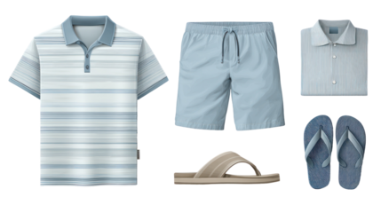 Men's casual summer clothing set with polo shirt and shorts on transparent background