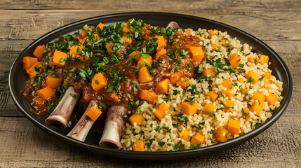 Roasted leg of lamb with butternut squash and couscous.  Served on a dark plate with a rich sauce.  Garnished with fresh herbs