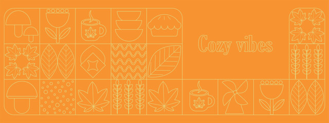 Autumn simple posters. Geometric abstract autumn flyer template with scandinavian mosaic. Banners with autumn elements. Autumn poster design.