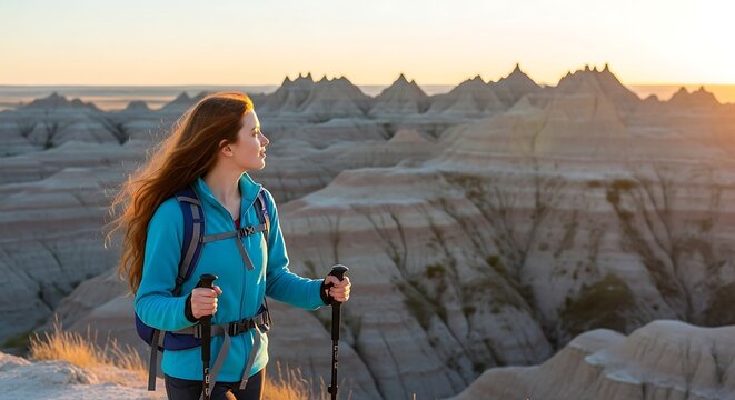 A woman with a backpack is hiking in the mountains enjoying the scenic view and the sunrise in