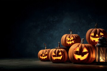 "Halloween Pumpkin Glow": A group of glowing carved pumpkins on a table in the dark, highly detailed background with space for text
