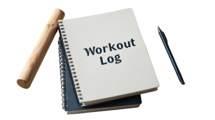 Minimal fitness journal cover with "Workout Log" text isolated on transparent background

