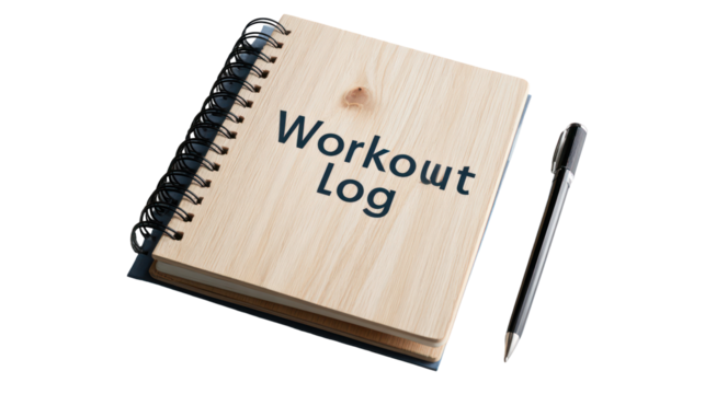 Minimal fitness journal cover with "Workout Log" text isolated on transparent background

