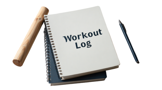 Minimal fitness journal cover with "Workout Log" text isolated on transparent background

