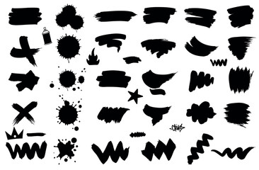 Set of Black Grunge Brush Strokes and Ink Splatters – Abstract Paint Elements on White Background