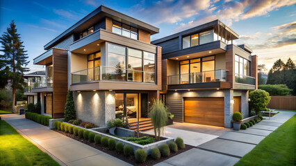 Fototapeta premium Contemporary dual-unit home with shared open green space and privacy elements