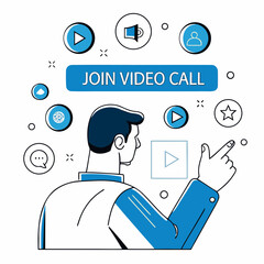 Online video conferencing and virtual meeting platform, depicting a person interacting with a "Join Video Call" button, surrounded by icons for play, speaker, user profiles, chat bubbles, and cloud st