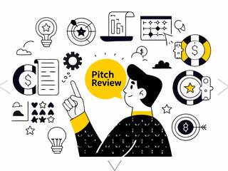 Business pitch review and strategic planning for investors, featuring a man pointing to a "Pitch Review" thought bubble, surrounded by icons for ideas, targets, financial documents, calendar, 