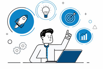 Startup business development and innovation strategy, featuring a man at a laptop pointing upwards towards icons of a rocket for launch, a lightbulb for ideas, and a target for goals, symbolizing