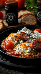 Savory dish of fried eggs, sausage, and tomatoes in a pan, topped with feta cheese and herbs.  Served with toasted bread