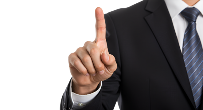 Businessman's hand gesturing, index finger pointing upwards, against white background.