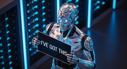 Shiny robot holding sign in server room android artificial intelligence