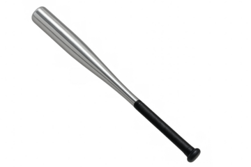 Classic baseball bat with metal body and black handle, isolated on a transparent background, ready for action