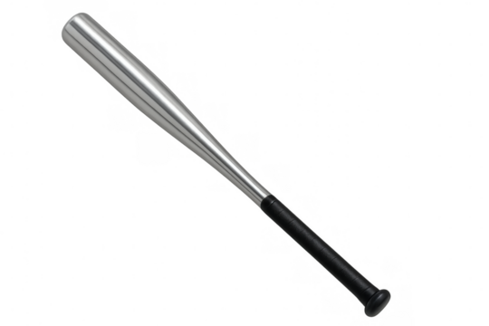 Classic baseball bat with metal body and black handle, isolated on a transparent background, ready for action