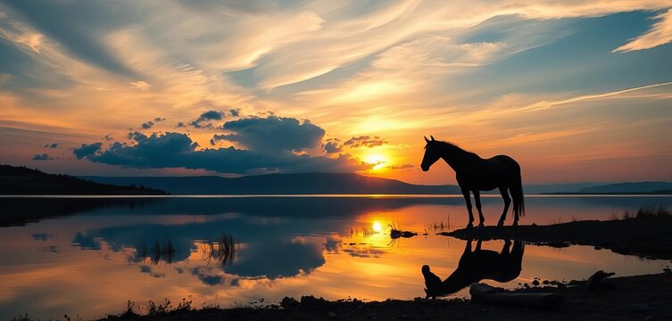 Sunset silhouette of a horse at tranquil lakeshore, mirrored landscape in calm water, scenic, shadow