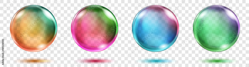 Wall mural set of four translucent spheres of rainbow colors with highlights and shadows on transparent backgro