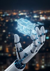 Robotic hand holding digital building hologram robot hand