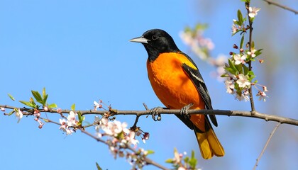Fototapeta premium A vibrant orange and black bird perched on a blossoming tree branch against a clear blue sky (1)