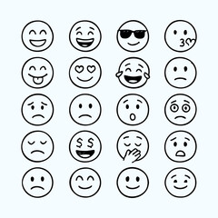 Cute hand-drawn emoji line art icon set. Vector smiley face emoticons.