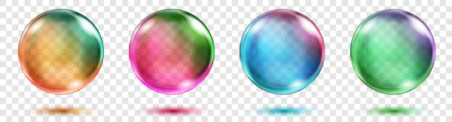 Set of four translucent spheres of rainbow colors with highlights and shadows on transparent background, vector illustration for design projects and creating creative works.