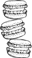 Stack of three hand-drawn macarons with cream filling 