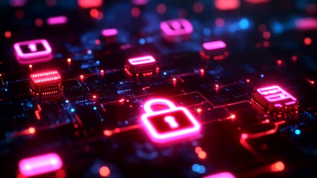 Cybersecurity Visualization with Glowing Padlocks on Digital Circuit Boards