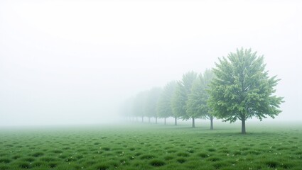 A diagonal line of trees emerges gently from the fog, stretching across a quiet pastoral landscape bathed in soft morning light