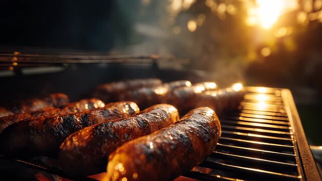 Sausage cooking on hot grill. Barbecue meat browning over fire and heat. Smoke rises while dinner food sizzles. Grilled sausage on flame shows barbecue cooking meat over fire and smoke for dinner meal