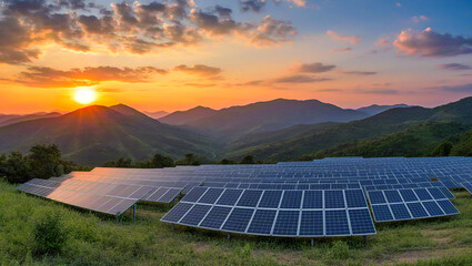 Close-up of solar panels on a mountain at sunset