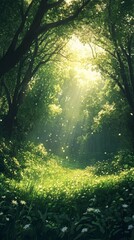 Fototapeta premium Sunlight Streaming Through Green Forest Canopy with Meadow