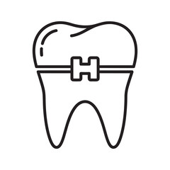 Line icon of a tooth with dental braces representing orthodontic treatment for teeth alignment and a healthy beautiful smile from a dentistry clinic vector stroke