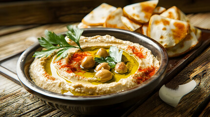 Creamy hummus served with warm pita chips on a rustic wooden table.  Fresh parsley garnish and olive oil drizzle