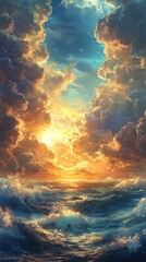 Ocean Waves at Sunrise with Dramatic Clouds and Golden Light