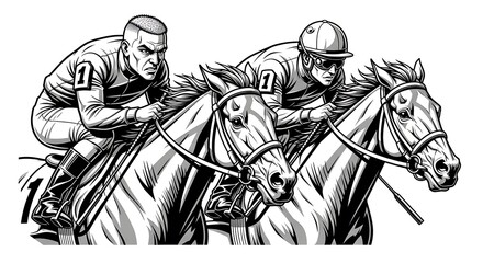 Dynamic black and white illustration of jockeys racing on horseback with intense competition